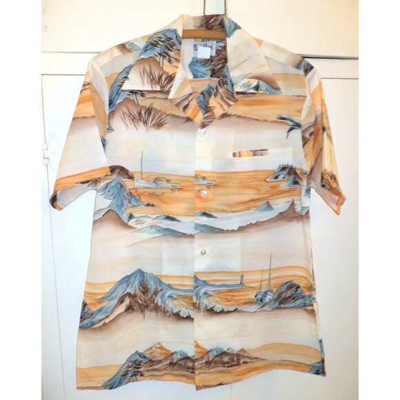 Vtg KAI NANI Hawaii HAWAIIAN SHIRT Size M Scenic Orange Blue Cream - Polyester - Picture 1 of 5
